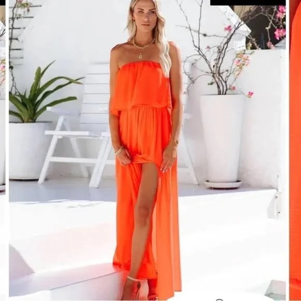NWT VICI VIVID STRAPLESS SLIT MAXI DRESS - BRIGHT ORANGE